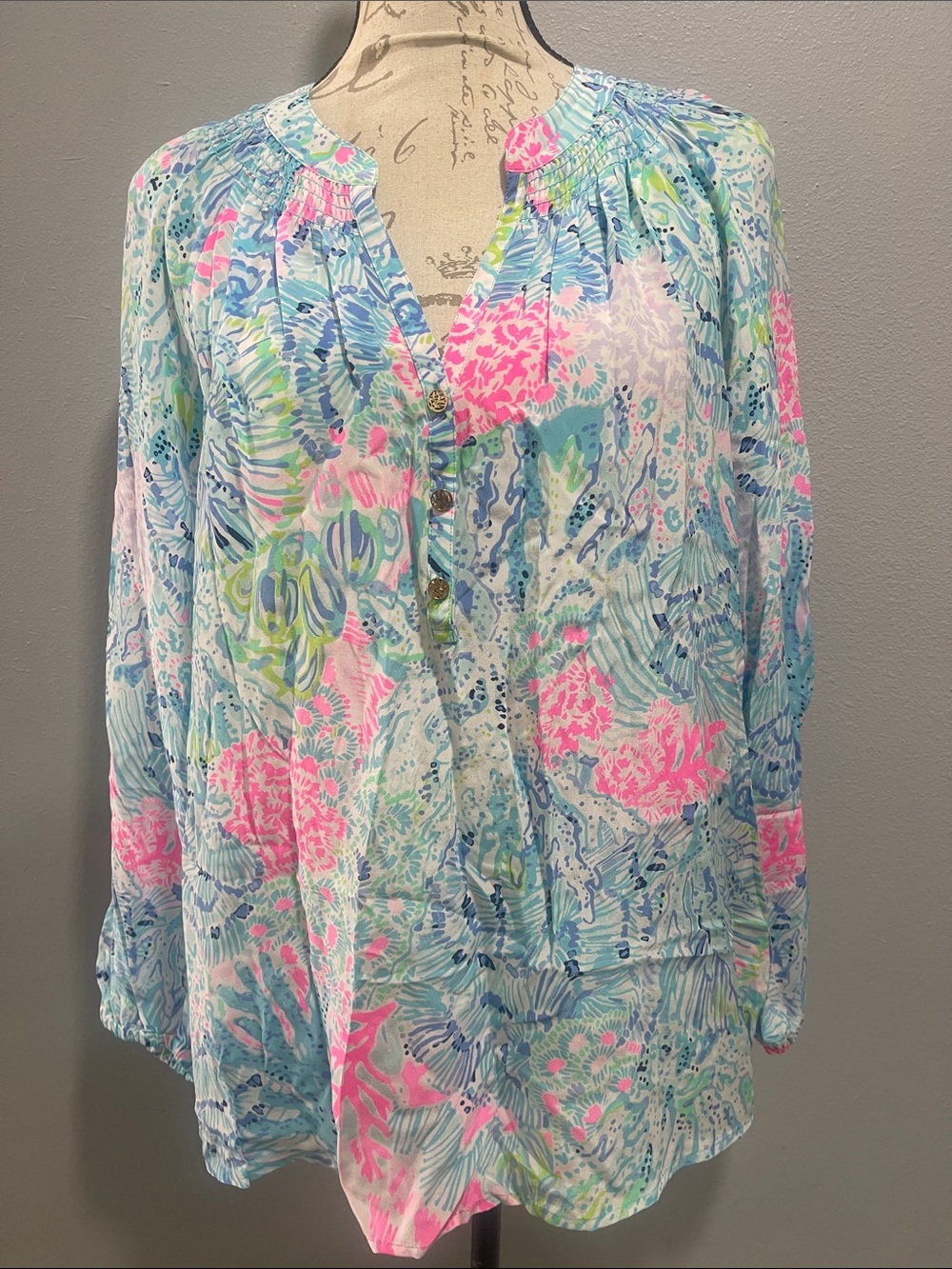 Lilly Pulitzer Multicolor Tropical Print Peasant Blouse - Pink, Blue, Green